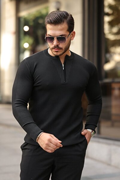 Kanonik Education Men's Zippered Crew Neck Textured Long Sleeve Knitwear