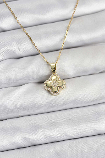 Epilons Bfs 316L Steel Chain Gold Color Zircon Stone Clover Model Women's Nec...
