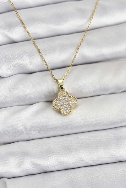 Epilons Bfs 316L Steel Chain Gold Color Zircon Stone Clover Model Women's Nec...