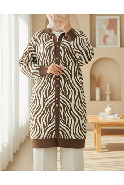 Modamorfo Buttoned Zebra Pattern Bearded Knitwear Cardigan - Light Brown