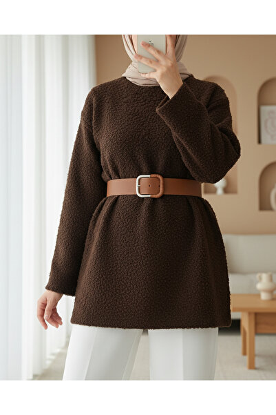Modamorfo Thick Belted Boucle Sweater - Brown