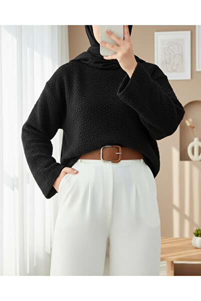 Modamorfo Thick Belted Boucle Sweater -Black
