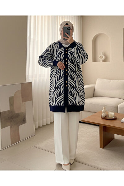 Modamorfo Buttoned Zebra Pattern Bearded Knitwear Cardigan -Laci