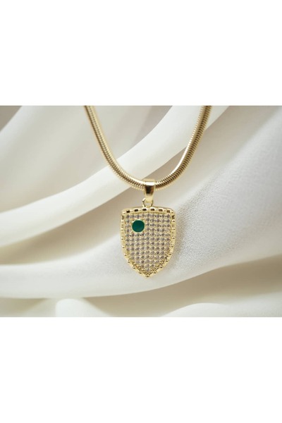ATELİER TUĞBA قلادة ذهبية للنساء KOL141 مع تفاصيل من الزركون على شكل درع ونقا...