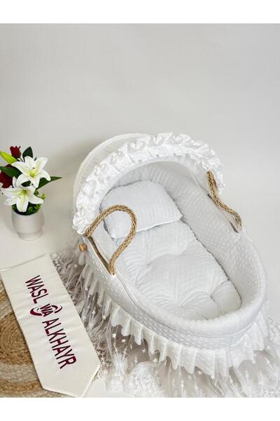 WASL ALKHAIR مهد مواليد سلة موسى خسف بتصميم انيق وقماش لون أبيض ومريح للأطفال
