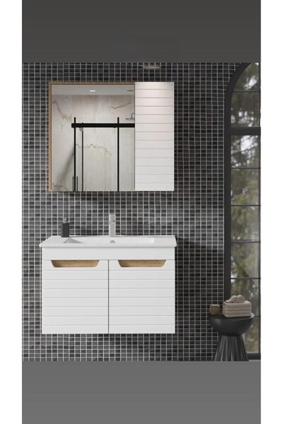 AFİ YAPI MARKET NAR Beyaz 80 Cm %100 Mdf Lavabolu Banyo Dolabı Cam Kısmı Kapaklı