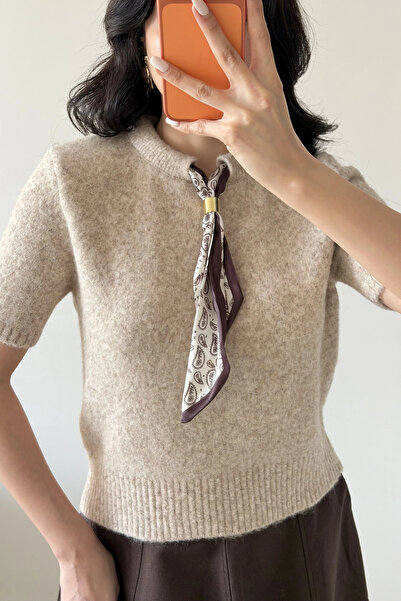 Eka Women's Beige Scarf Short Sleeve Sweater 1014-2536