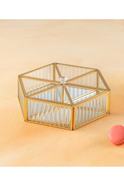 ACAR CUTIE DECORATIVA/CUTIE DE BIJUTERII CU COMPARTIMENTE DE STICLA AURIE PATRATĂ