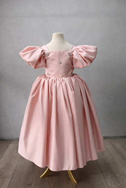 She Dress By Kubra Aksoy Kız Çocuk Pudra Abiye Elbise – Balon Kollu, Taş İşle...