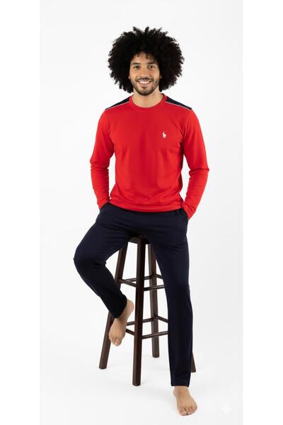 Polo Republica & CO Men's Long Sleeve Red Cotton Pajama Set Stretch Fabric Co...
