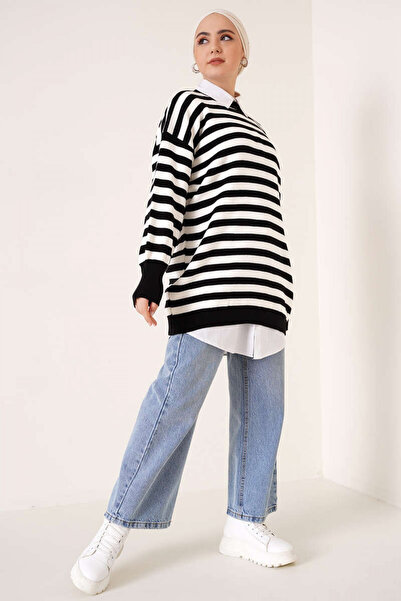 Tesettür Diyarı Ριγέ Πλεκτό Πουλόβερ Χιτζάμπ - Μαύρο Στάνταρ (Συμβατό με μεγέ...