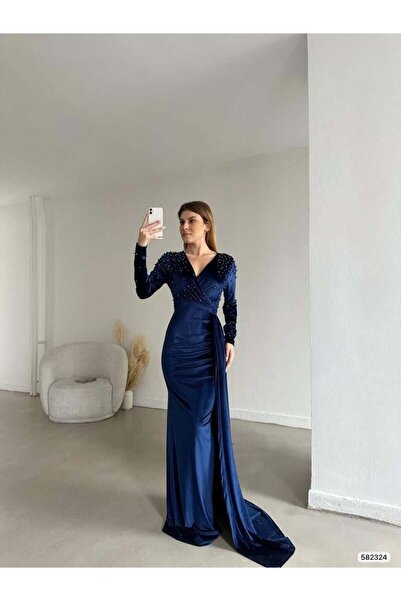 Modafeminen Kadife Esnek Kumaş Kruvaze Yaka Ön Kol İnci Detaylı Kuyruklu Abiy...