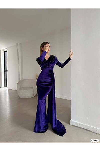 Modafeminen Kadife Esnek Kumaş Kruvaze Yaka Ön Kol İnci Detaylı Kuyruklu Abiy...