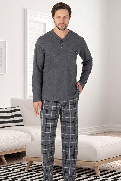 Erse %100 Pamuk Erkek Mevsimlik Uzunkollu Pijama Takım, Altı ekoseli Cep Detaylı, Üst düz renk yuvarlak y