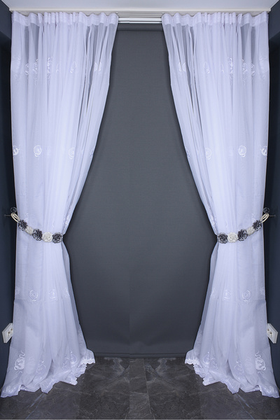AKÇA TEKSTİL Brode 1045 Pattern Off White Color Single Wing Ready-Made Pleated Background Curtain 300*260 cm