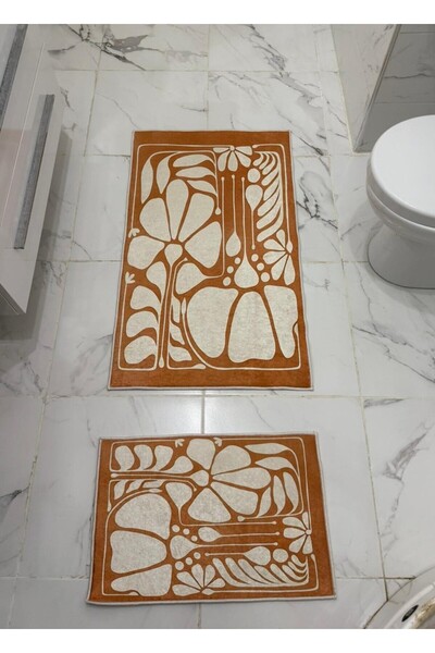 Etnik Dekor Cinnamon Tone Floral Patterned Set of 2 Digital Printing Bath Mats