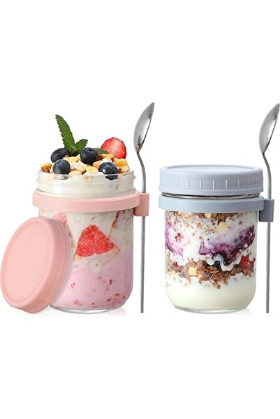 Arabest عبوتان من علب الشوفان الليلي مع أغطية وملاعق، برطمانات زجاجية للشوفان الليلي (وردي + رمادي)