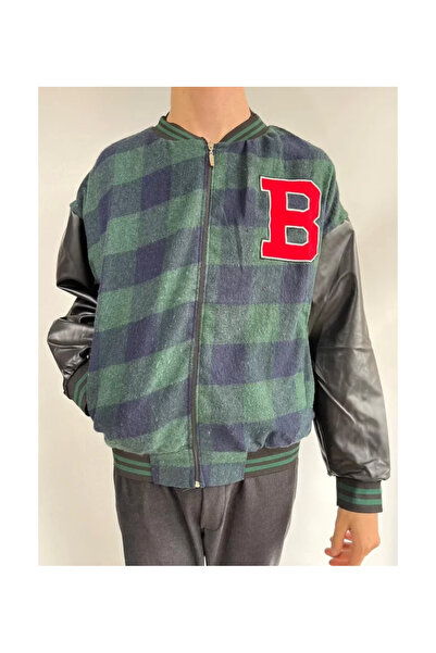 Kanonik Education Men's Gingham Pattern Embroidered College Jacket - Khaki