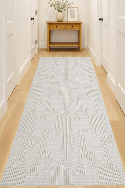 Raschel Carpet Bohem Krem Emboss Premium Seri Kaymaz Taban Jel Taban Halı Yolluk Antre Hol