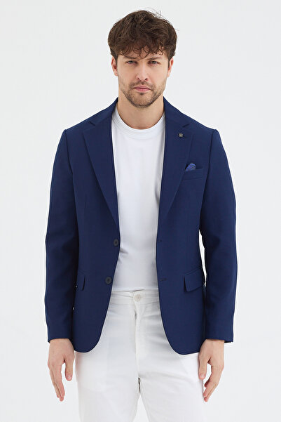 Frappoli Regelo Men's Light Navy Polyviscon Fabric Slimfit Self-Tie Mono Collar Sports Blazer Jacket