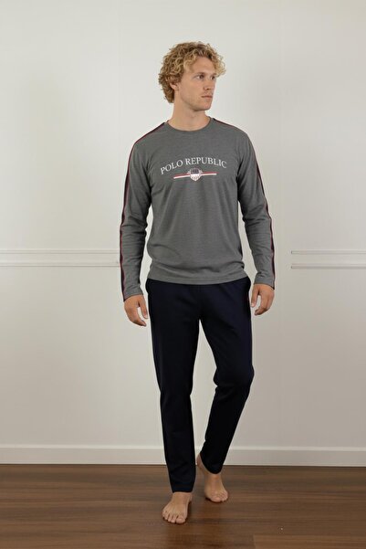 Polo Republica & CO Muška pidžama sa dugim rukavima, antracit, Pamuk dela, Sa...