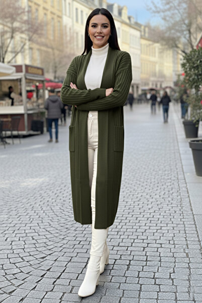 benguen Corded Fabric Knitwear Cardigan with Handle Buttons R7146 Khaki