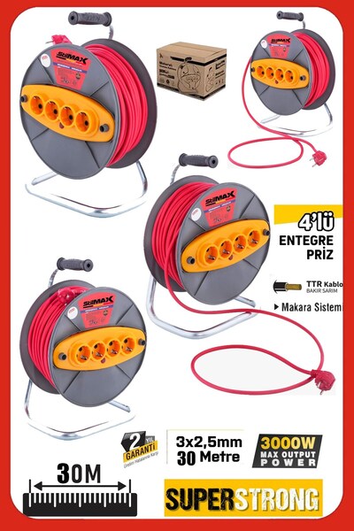 stilmax 30 Metre Makaralı Uzatma Kablosu 3x2.5 mm² – 4 Prizli Seyyar Uzatma Kablosu