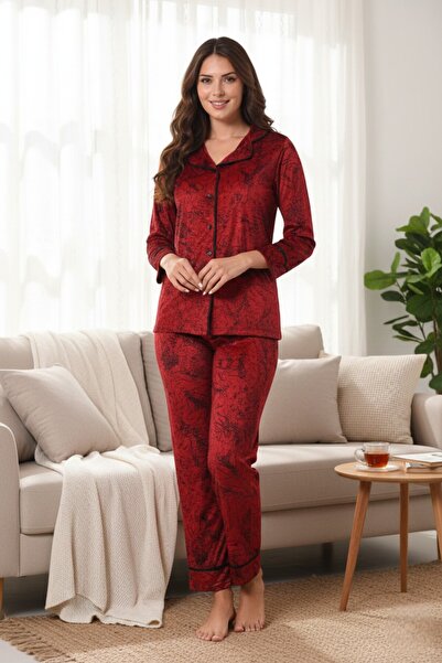 Miss Dünya Lissa Burgundy Shirt Collar Long Sleeve Velvet Pajama Set