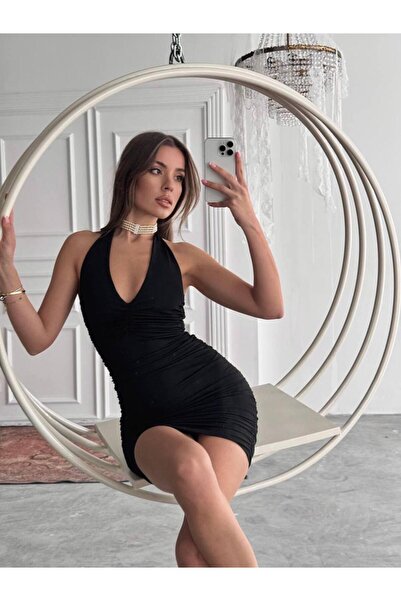 Melissa Pink Kadın Siyah Büzgülü Mini Elbise Boyundan Bağlamalı Sırt Dekolteli Bodycon Davet Elbisesi