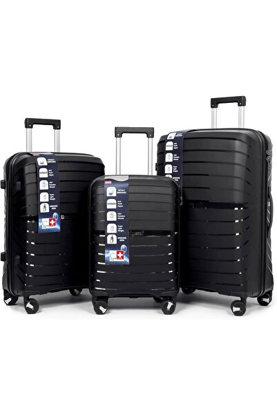 Generic طقم حقائب سفر سويس كيس الصلبة ذات العجلات الدوارة، 3 قطع، 20/24/28 بوصة، مقاومة للماء، خفيفة الوزن، أسود