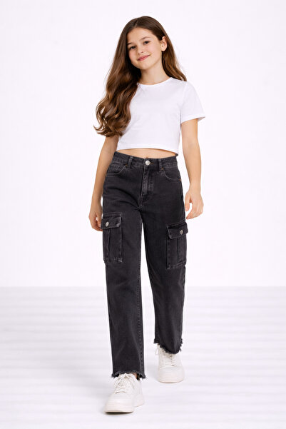 NAWİ 275-12-25 Girl's Black Cargo Pocket Pack Jeans Straight Leg Stitch-Free ...