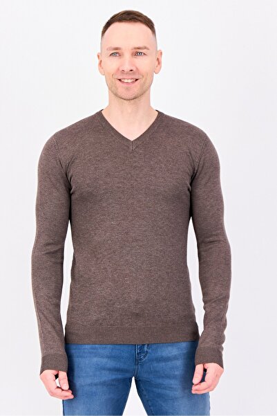 Sorbino Men V Neck Knitted Long Sleeve Sweater, Dark Brown
