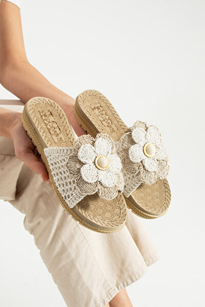 Moda Devrin Бели отворени отпред, с цветя, плетени от слама, за външно и вътр...