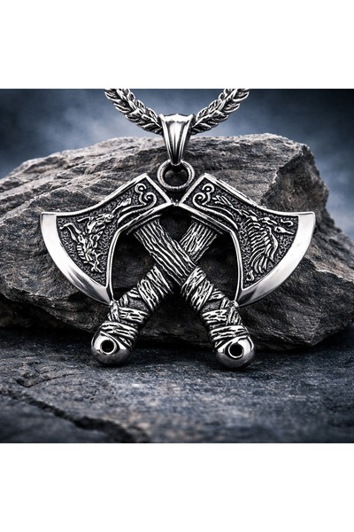 voyageaccessory Nordic Mythology Viking Double Axe Pendant Stainless Steel Me...