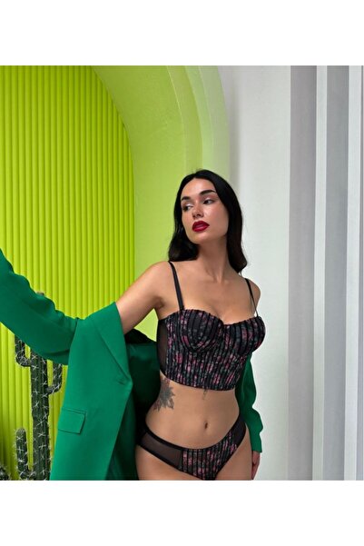 Elit Butik Blue Bustier with Glittery Floral Pattern