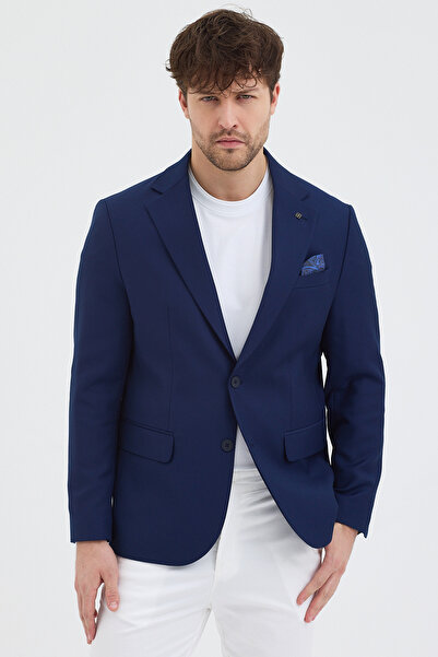 Frappoli Alux Men's Navy Blue Polyviscon Fabric Flexible Slim Fit Self-Wiping Mono Collar Sports Blazer Jacket