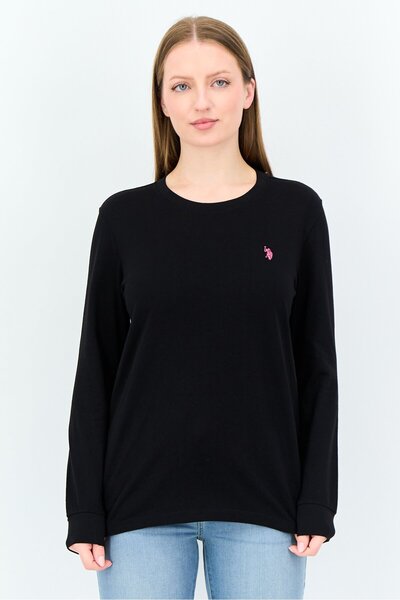 U.S. Polo Assn. Women Round Neck Long Sleeve Embroidered Logo T-Shirt, Black