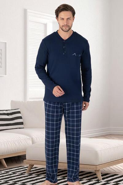Erse %100 Pamuk Erkek Mevsimlik Uzunkollu Pijama Takım, Altı ekoseli Cep Detaylı, Üst düz renk yuvarlak y