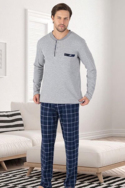 Erse 100% Cotton Men's Transitional Long-Sleeved Pajama Set, Six Plaid Pockets on the Bottom, Solid Color Round Neck Top