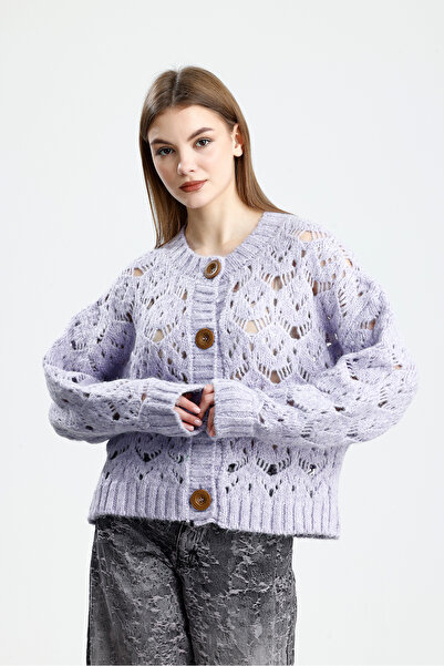 Figo Wool Blend Buttoned Lace-Like Knit Women's Cardigan