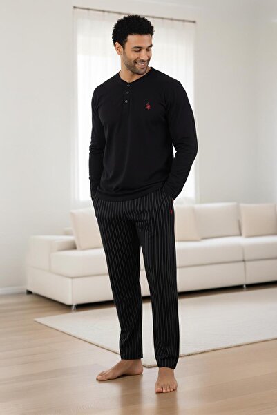 Polo Republica & CO Men's Long Sleeve Half Button Black Cotton Stretch Fabric Pajama Set Comfortable Fit Stretchy Fabric C8T0N05