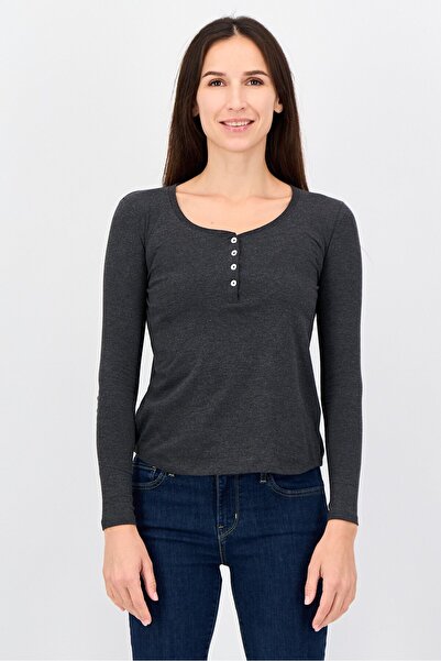 Undiz Women Round Neck Long Sleeve Plain Blouse, Charcoal