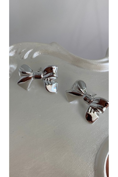 SELUVİA Silver Color Bow Shiny Ribbon Bijouterie Women's Earrings