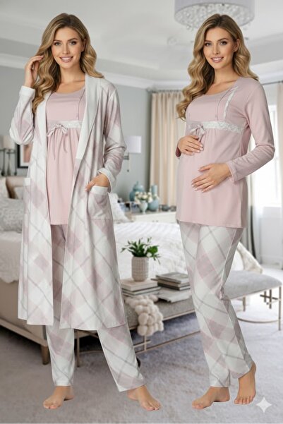 LOHOUSE Kadın Ekose Desenli Lohusa Hamile 3'Lü Pijama Takımı Seti