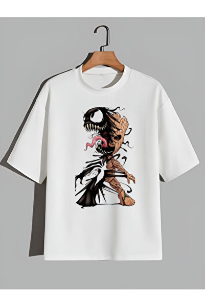 VAYNOR Unisex Oversize T-Shirt - Grot Venom Baskılı Pamuklu Bisiklet Yaka Bey...