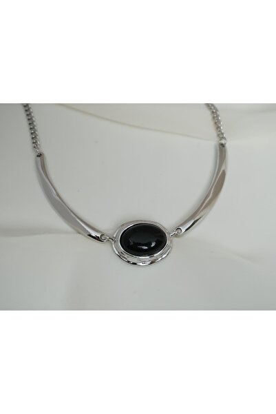 ATELİER TUĞBA Kol168 Oval Black Stone Bar Detail Necklace - 40 cm + 5 cm Exte...