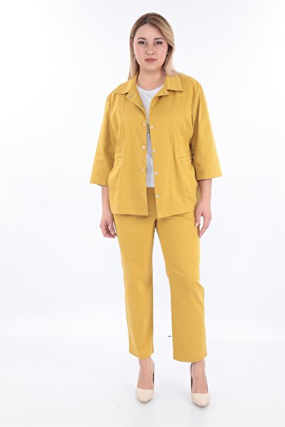 EXİTLİNE Kadın Sarı Yazlık Çıt Çıt'lı Beli Lastikli T-Shirt'ü Basklı 3'Lü Takım