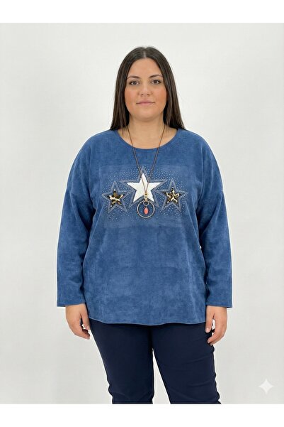 della moor Women's Blue Italian Plus Size Star Pattern Velvet Blouse with Rhinestone Necklace, Sizes 46 - 54