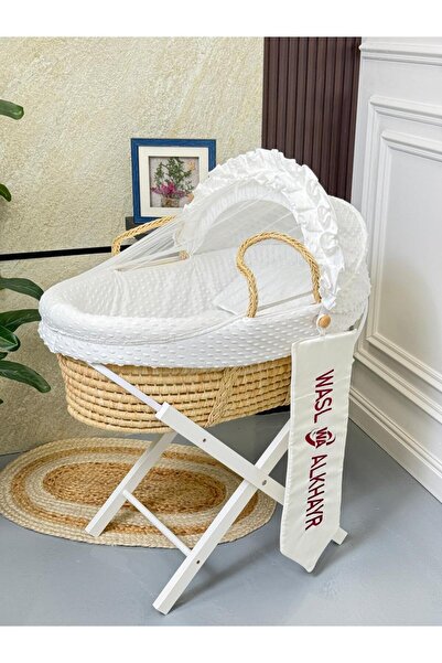 WASL ALKHAIR مهد مواليد سلة موسى خسف قماش لون أبيض بتصميم أنيق مع حامل قاعدة ...