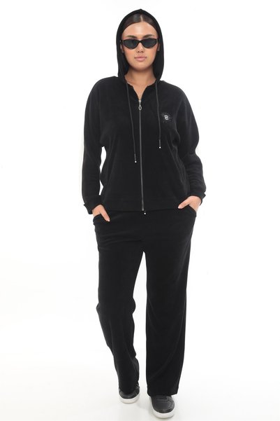 EXİTLİNE Women's Winter Special Embroidered Zippered Hooded Stone Black Velve...